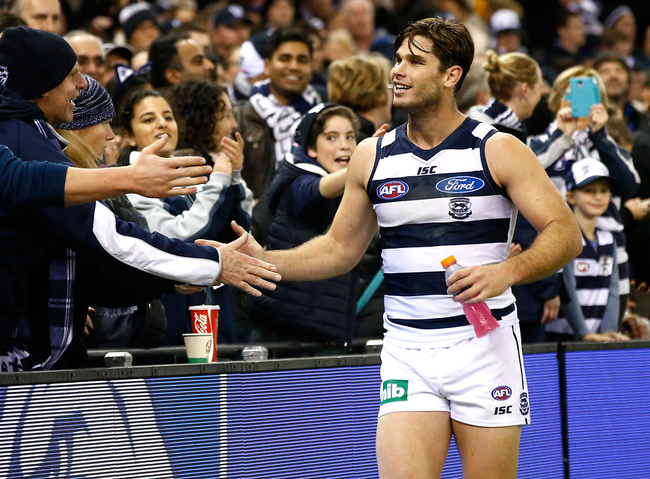 AFL 2016 Rd 13 - Western Bulldogs v Geelong MELBOURNE, AUSTRALIA - JUNE 18: Tom Hawkins of the Cats thanks fans during the 2016 AFL Round 13 match between the Western Bulldogs and the Geelong Cats at Etihad Stadium on June 18, 2016 in Melbourne, Australia. (Photo by Adam Trafford/AFL Media)